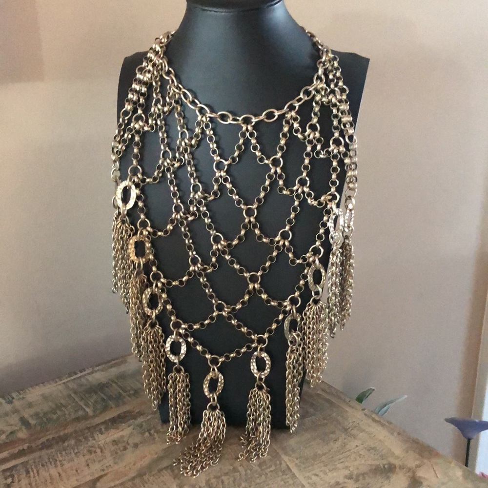 HOST PICK Chico’s Chain Bib Tassel Statement Necklace Silver Tone